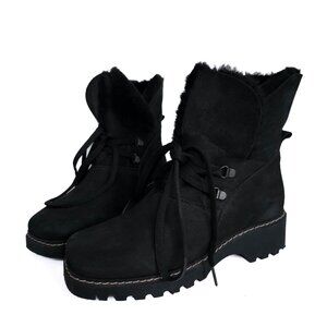 La Canadienne Shearling Lace Up Booties Womens 6.5 M Black Square Toe Waterproof